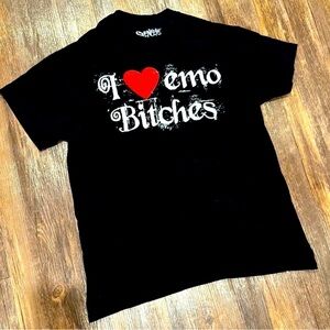 Spencer’s Emo Graphic T-Shirt “I Love Emo Bitches” Black Tee Y2K Scene